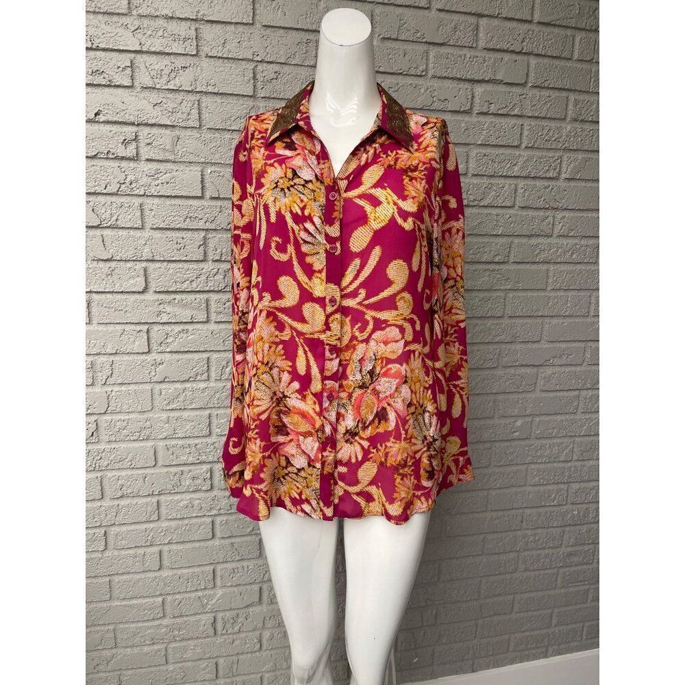 JM Collection Women Multicolored Long Sleeve Gold Sequin Collar Shirt Size 10